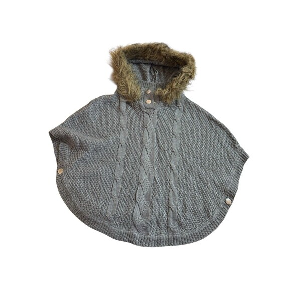 Little Lass Girls Gray  Poncho Wrap Shawl Sweater Cable Knit Faux Fur Hood Sz 3T - Picture 1 of 6